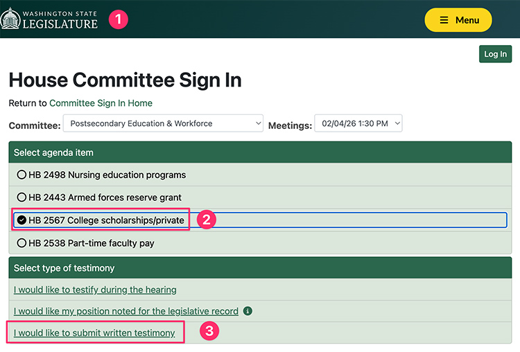 Screenshot of steps 1 through 3 for how to provide written testimony to support Washington House Bill 2567 
