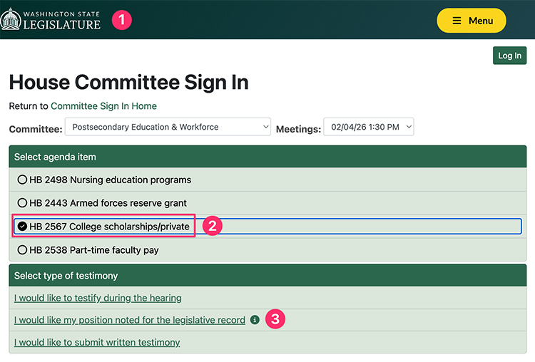 Screenshot of steps 1 through 3 for how to support Washington House Bill 2567