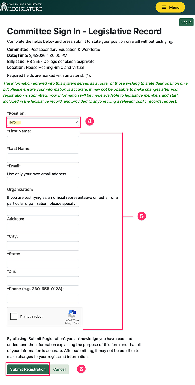 Screenshot of steps 4 through 6 for how to support Washington House Bill 2567