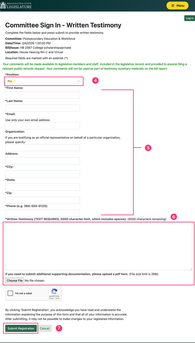 Screenshot of steps 4 through 7 for how to provide written testimony to support Washington House Bill 2567 