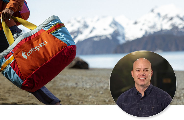Photo of a Cotopaxi tote bag in a mountain lake scene, with an inset headshot of Cotopaxi founder, Davis Smith.