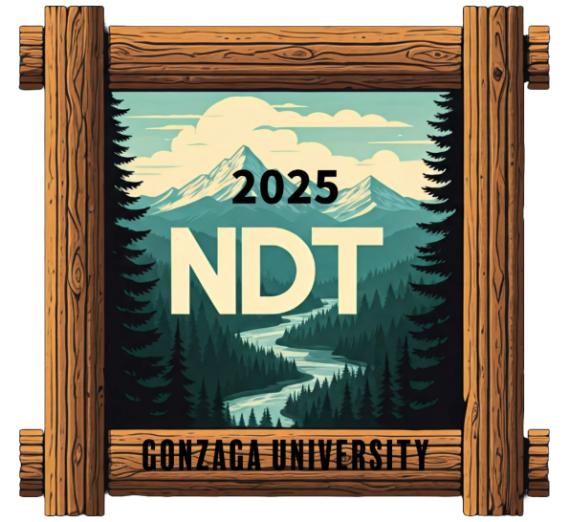 Illustration of a log framed mountain and river scene with  "2025 NDT Gonzaga University" over the top.