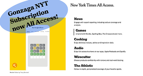 Screen shot of NYT All Access promotion, with notice that Gonzaga subscription now includes Games, Cooking, Audio, Wirecutter, and The Athletic