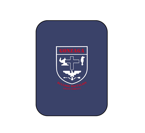 Dark blue rectangular background with rounded corners featuring a central shield emblem. The top of the shield displays the word 'GONZAGA' in red. Inside the shield are white silhouettes including a cross and an eagle. Below the shield, red text reads 'BULLDOG BATTALION' and 'PERSHING COMPANY'."