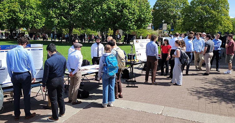 on a sunny day, many people of various ages gather on two table-lined sidewalks