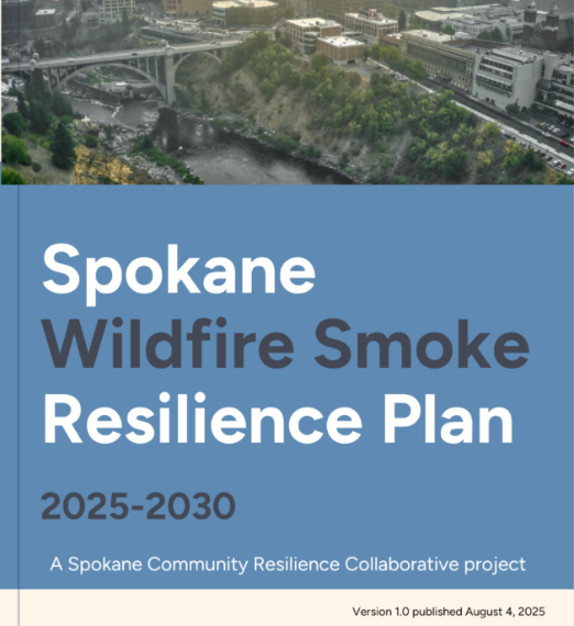 Cropped image of the cover page of the Spokane Wildfire Smoke Resilience plan, which features the title and an aerial photo of Spokane shrouded in gray smoke