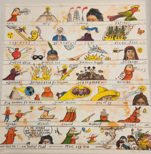 Enrique Chagoya (American, b. Mexico, 1953), Codex YTREBIL, 2022; lithograph on paper, 31 x 30”; Jundt Art Museum at Gonzaga University; Museum purchase with funds provided by Tula and Max Patterson (GU Class of 1977) 2022.28