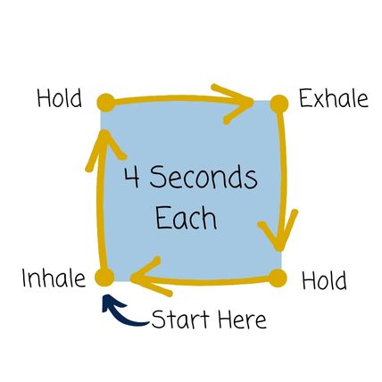 This image includes a box with an arrow that says start here. At each corner of the box its say exhale and inhale and alternates at each corner. There are arrows on each side of the box point to either inhale or exhale. To follow the box breathing exercise you should inhale for 4 seconds, hold your breath for 4 seconds, exhale for 4 seconds, and hold again for 4 seconds.