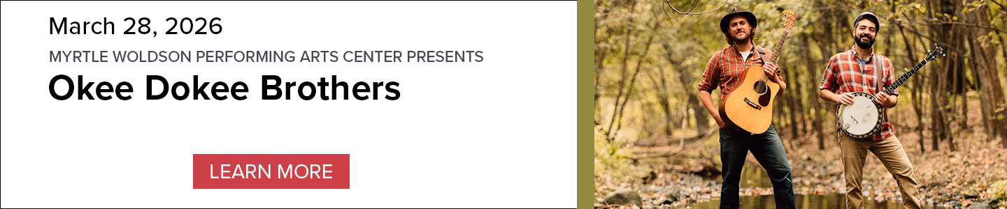 Banner for Okee Dokee Brothers performance on March 28, 2026, with group members standing in the woods with their instruments and a 'Learn More' button.