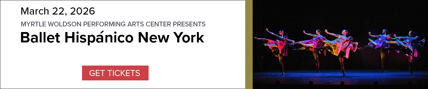 Purple banner with dancers on a stage announcing Myrtle Woldson Performing Arts Center Presents Ballet Hispánico New York on March 22, 2025 