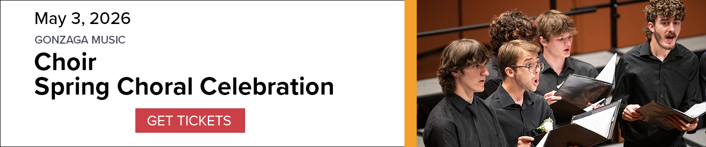 Banner for Spring Choral Celebration performance on May 3, 2026, with group members singing and a 'Get Tickets' button.