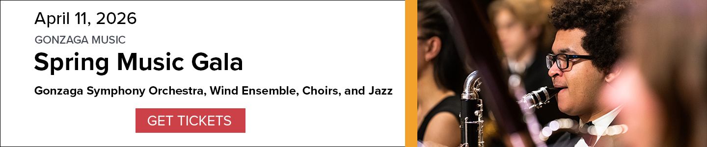 Banner for Spring Music Gala performance on April 11, 2026, with group members performing and a "Get Tickets" button.