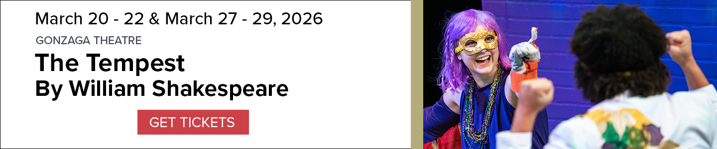 Banner for The Tempest performances on Marc 20, 22, 27, 28, 29, 2026, with an image of a two actors performing a scene on stage and a 'Get Tickets' button. 