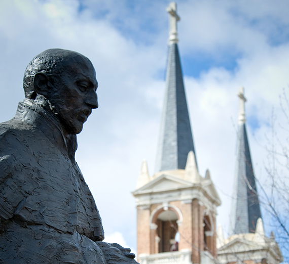 A view of the spires of St. Aloysius and the statue of St. Ignatius