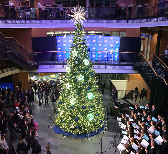 A lively Christmas tree lighting ceremony featuring bands playing on the right and an enthusiastic crowd gathered to watch.