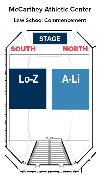 Floor map of Law School commencement. Last names ending in A-Li sit on the north side of the stage. Last names ending in Lo-Z sit on the south side of the stage.