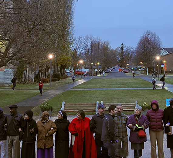 People join arms to demonstrate solidarity.