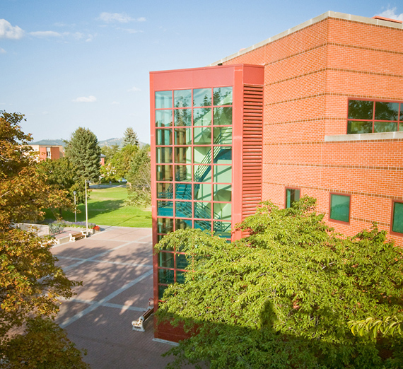 A view of the staircase within Foley Library from outside the building