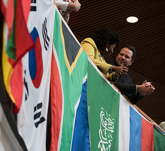 International flags hanging in the Hemmingson Center