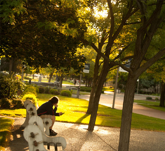 student sitting on bench on campus 