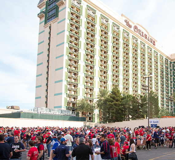 Gonzaga alumni, friends and fan gather outside The Orleans Hotel in Las Vegas during the WCC Tournment