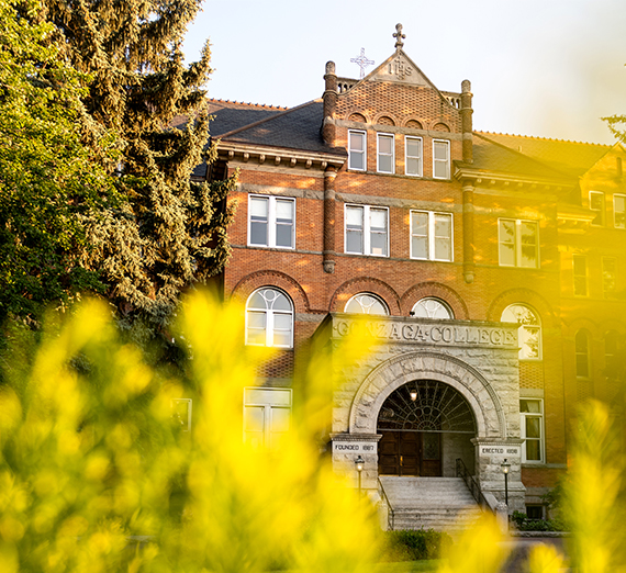 College hall behind green plants.
