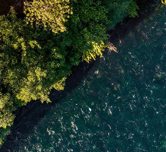 An aerial photo of a river shoreline