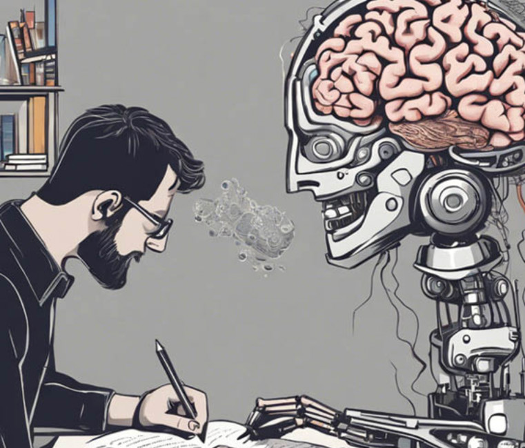 Illustration of a student writing while an AI robot with an exposed brain sits beside him.