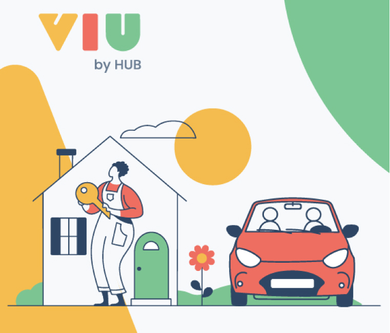 VIU by HUB illustration of person holding a key next to a car and in the back ground a house