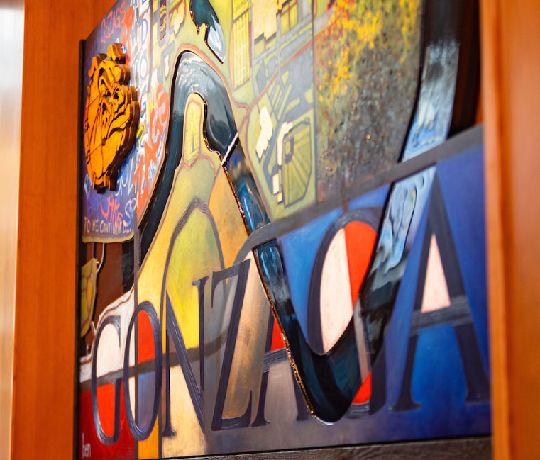 University Collection artwork by Gonzaga alum ben joyce (’01) mounted on a wall in the John J. Hemmingson Center located on the Gonzaga University campus