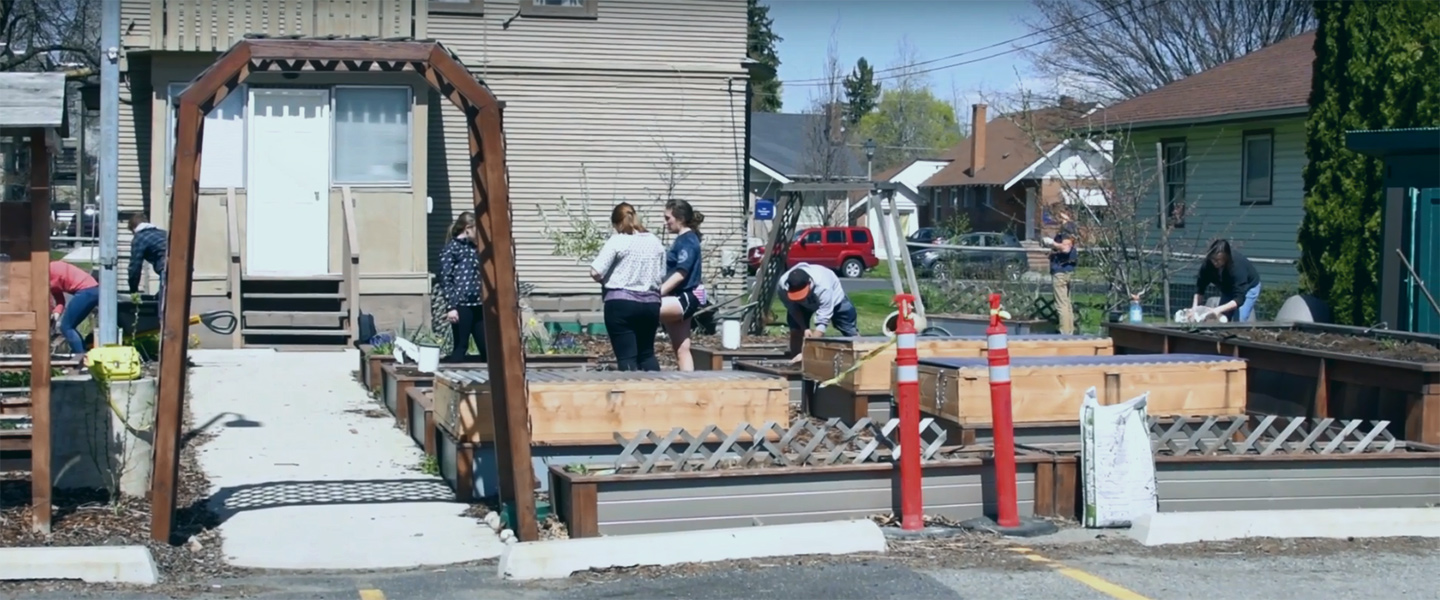 Students work in the Campus Kitchen garden