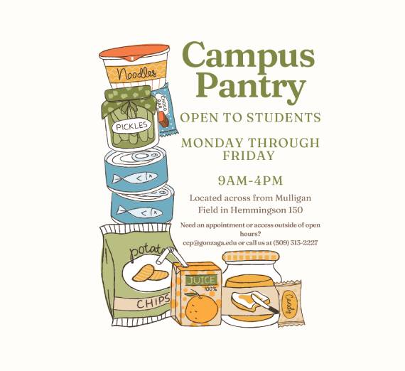 Campus Pantry Flyer with cartoon foods and hours information