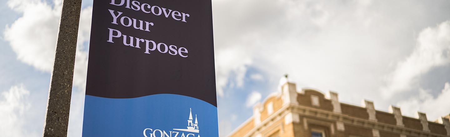 Campus sign with Gonzaga Logo with text that reads Discover Your Purpose