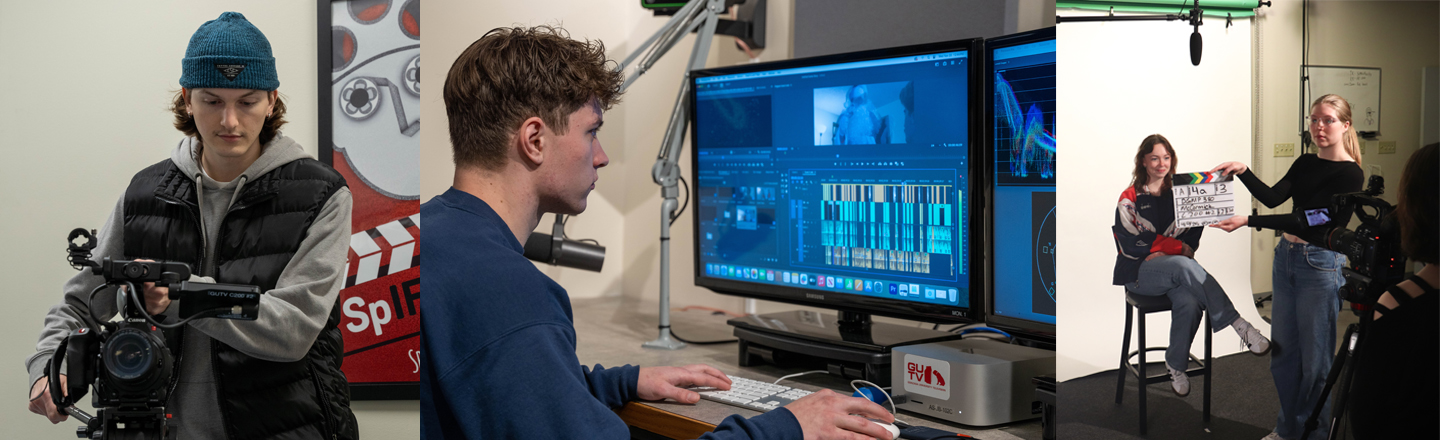 Three images side by side: Student with a camera filming, student editing at a computer, students starting to film a piece. 