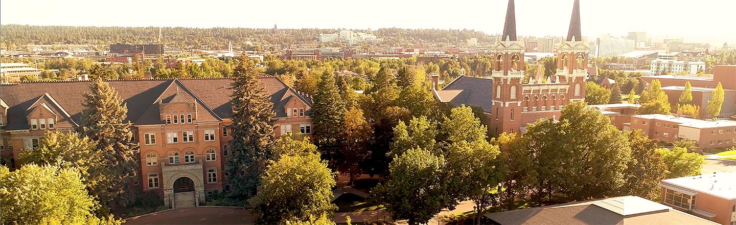 Aerial image of College Hall and St. Al's church