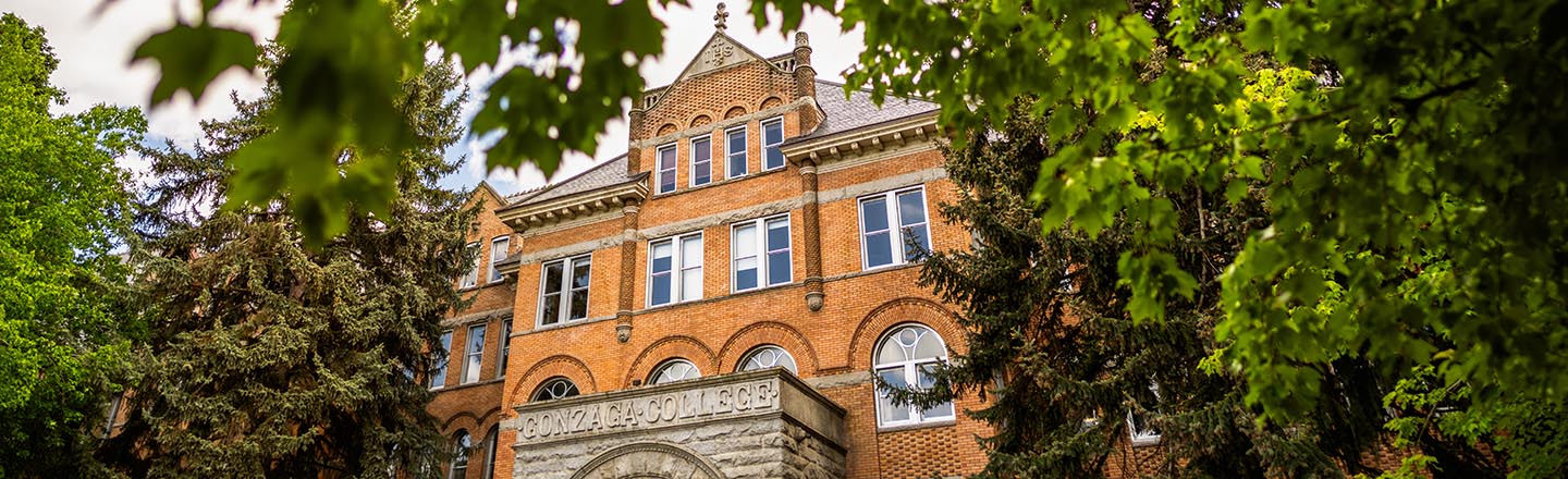 College Hall Entrance framed by green leaves and tree branches