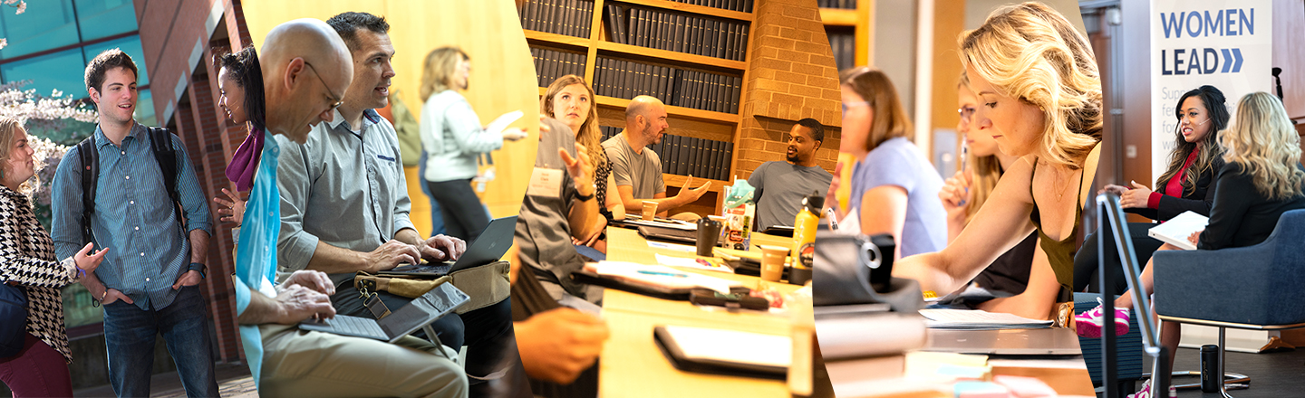 Photo collage of students conversing and studying.