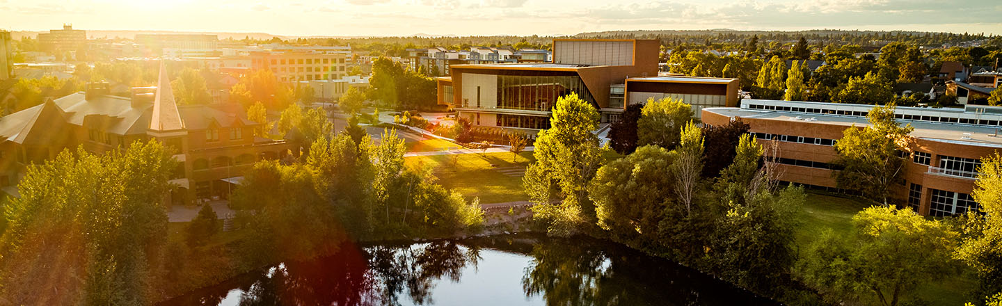 View from above looking down on lake arthur and the myrtle woldson performing arts center 