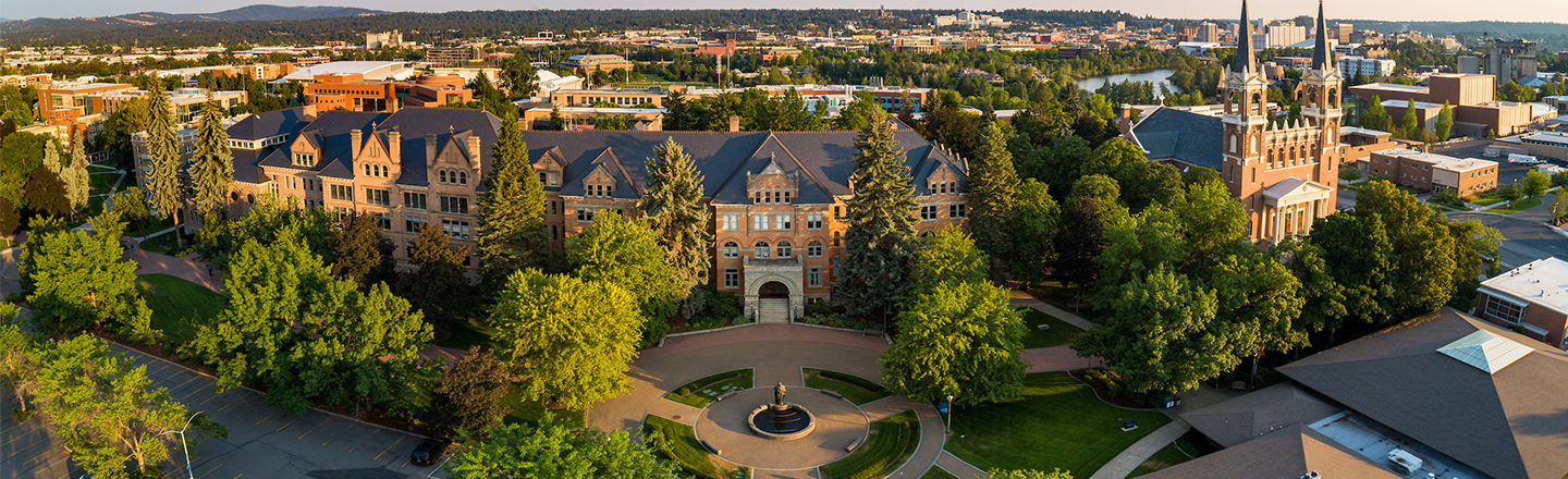 Drone and panorama view of College Hall (Ad Building) 