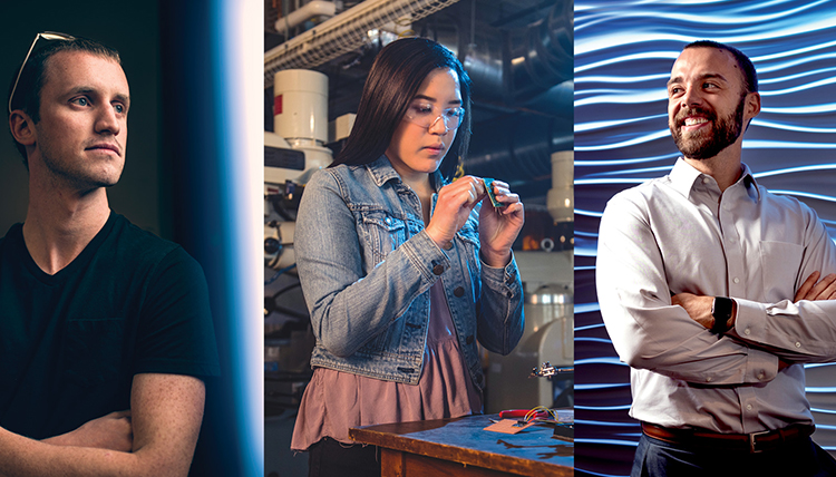 portraits of two male engineering grads and one female