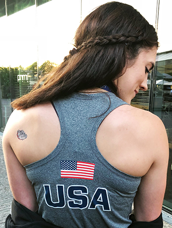 Tolson shows of her temporary Bulldog tattoo at the competition. Photo courtesy Hannah Tolson.