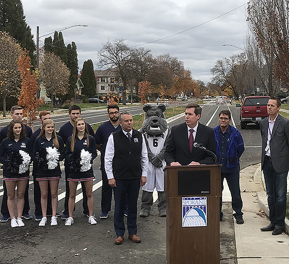 Gonzaga President Thayne McCulloh speaks at the ceremony to mark the reopening of Sharp Avenue on Friday, Oct. 26. GU photo