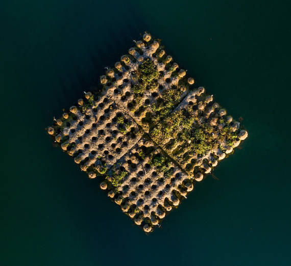 Square island in the middle of Lake Arthur.