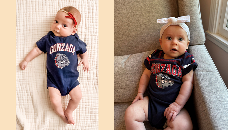 Carly (McPherson) Kotsovolos and Ryan Kotsovolos' daughter, Quinn on the left and Kristen (Konrad) Borg and Nick Borg's daughter, Harper on the right.