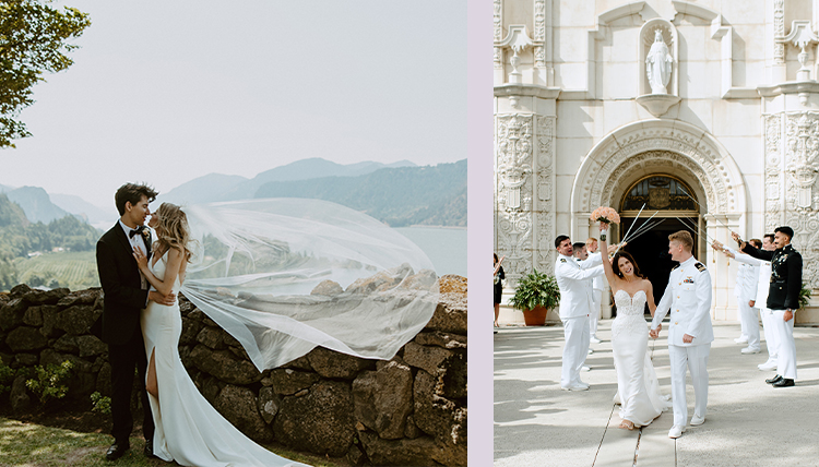Kyra Elan and Colten Cain wedding pictured on left and Madelyn Healy and Harrison Kane pictured on right.