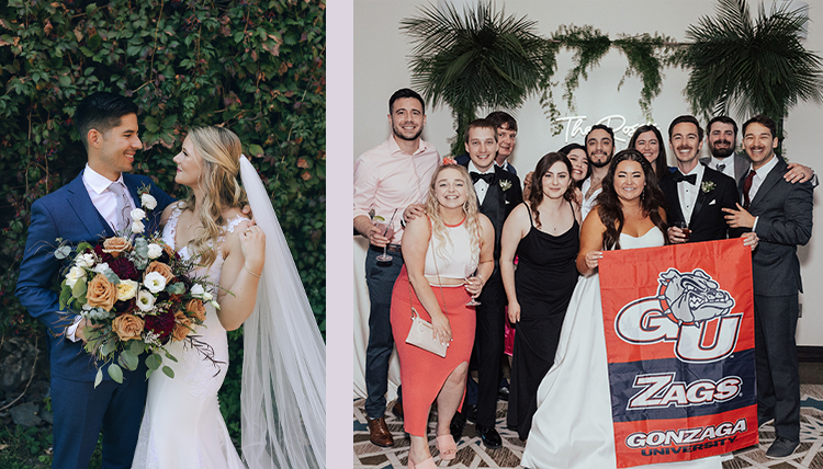 Lauren Frishholz and Travis Forbes' wedding pictured on the left and Natalie Hoebing and Michael Rossi with wedding guests pictured on right. 