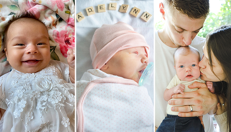 (Left) Lily Lynn Houser, (Center) Adelynn Libsack, (Right) Adelaide Mitchell with her parents, Emalise and Conner Mitchell.