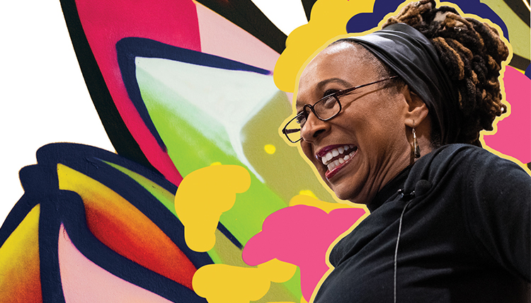 black woman speaking against colorful backdrop