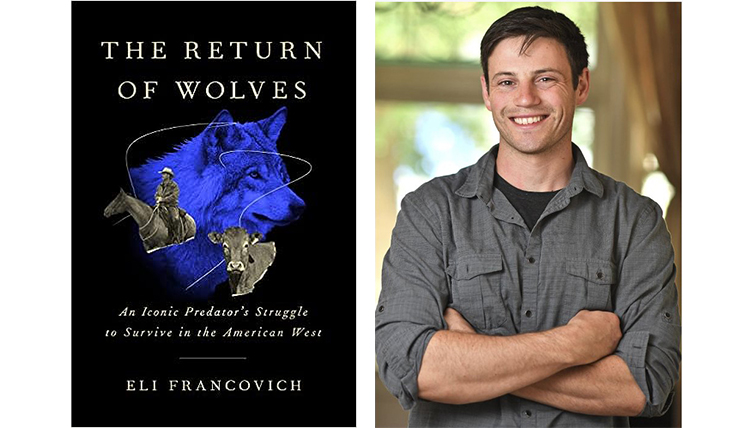 cover of a book with a wolf and the authors portrait