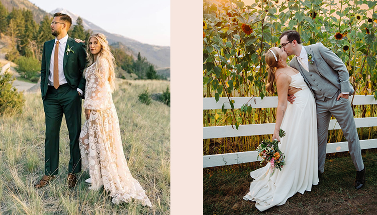 Wedding photos of left: ’18 Spencer Martin and Kaleigh Roy and right: ’19 Alisha Isensee and ’18 Michael McIntyre.